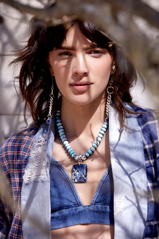 Denim Opal Chunky Chain Necklace With Rectangle Pendant Necklace