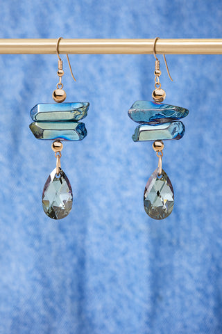 14K Gold Metallic Blue Rock Quartz Earrings