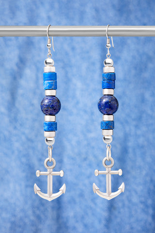 Modern Lapis And Sterling Silver Anchor Earrings