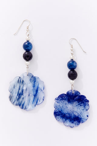 Sparkling Denim Blue Sand Quartz And Kyanite Flower Earrings