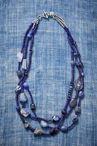 Blue Denim And Gemstones Multi-Strand Necklace