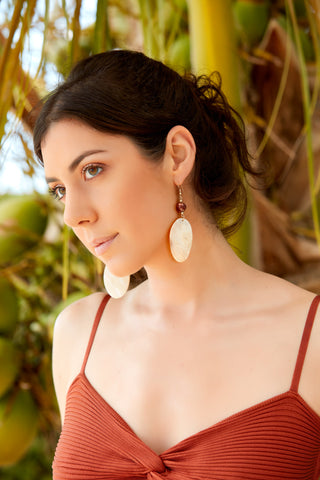 14K GOLD BLAZING SUNSTONE AND SHELL EARRINGS