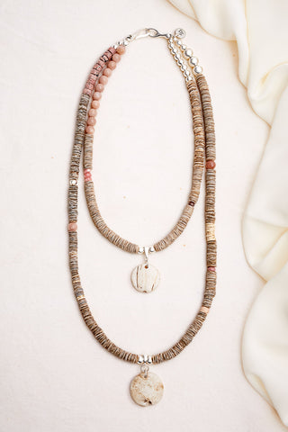 PINK MOONSTONE AND RHODOCHROSITE DOUBLE STRAND NECKLACE WITH NAGA SHELL PENDANTS