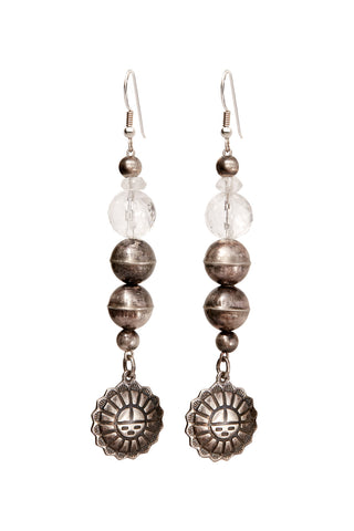CRYSTAL QUARTZ AND OXIDIZED STERLING SILVER SUN GOD EARRINGS