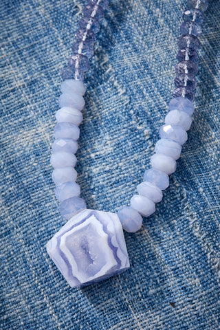 Soft Blue Chalcedony Dream Choker Necklace With Pendant