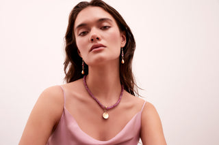 RUBY NECKLACE WITH  14K GOLD CIRCLE CONCAVE PENDANT