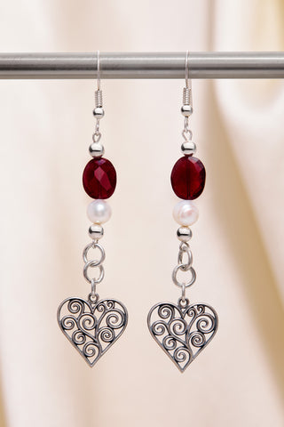 RED GARNET AND PEARL SCROLL HEART EARRINGS