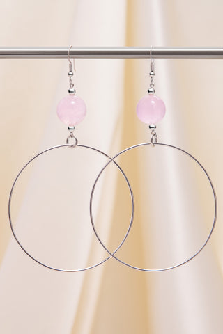 LARGE ROSE QUARTZ CLASSIC OVERSIZED SILVER HOOP EARRINGS