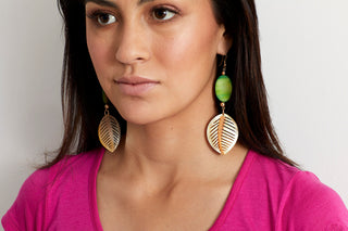 14K GOLD GLOWING GREEN LEAF EARRINGS