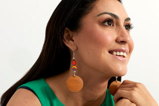ECSTATIC ORANGE YELLOW AND BLUE WOOD EARRINGS