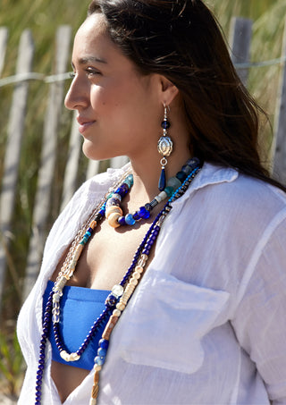 OXIDIZED STERLING SILVER BLUE AND CRYSTAL GLASS COTTAGE NECKLACE