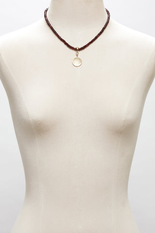 RED GARNET NECKLACE WITH 14K GOLD CONCAVE CIRCLE PENDANT