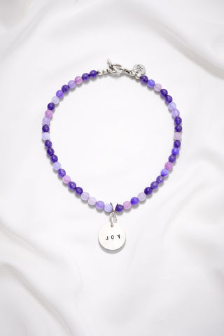 PURPLE BRIGHT JOY NECKLACE WITH HAND STAMPED CIRCLE PENDANT (8MM)