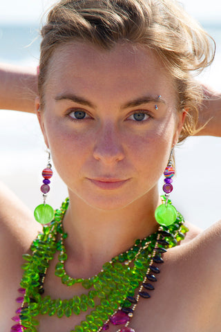 PURPLE PINK BLISS AND GREEN SHELL EARRINGS