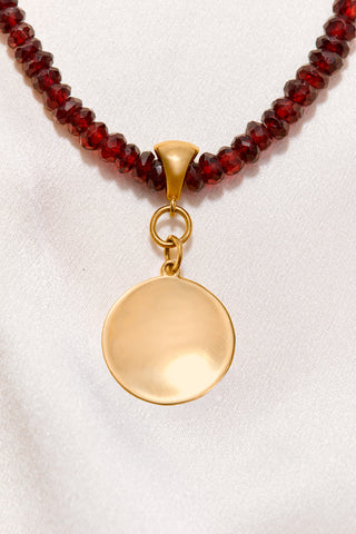 RED GARNET NECKLACE WITH 14K GOLD CONCAVE CIRCLE PENDANT