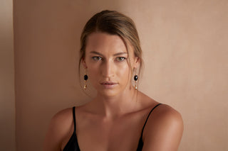 BLACK SPINEL 14K GOLD PEAR DROP EARRINGS