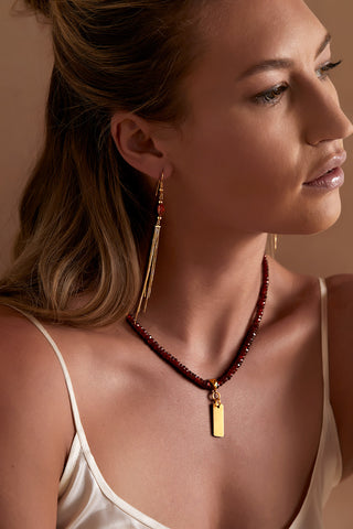 RED GARNET NECKLACE WITH 14K GOLD RECTANGLE PENDANT
