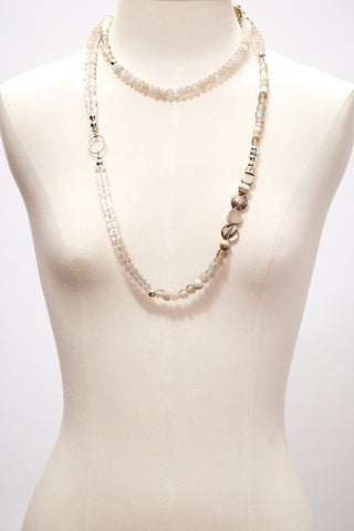 LONG CRYSTAL QUARTZ AND MOONSTONE STERLING SILVER GEOMETRIC NECKLACE