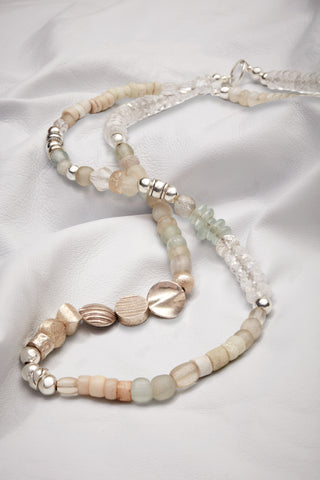 LONG CRYSTAL QUARTZ AND MOONSTONE STERLING SILVER GEOMETRIC NECKLACE