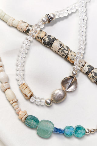 RUGGED CRYSTAL QUARTZ AND BLUE GLASS GRANITE NECKLACE