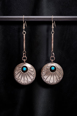 OXIDIZED STERLING SILVER BAR WITH VINTAGE STERLING SILVER AND TURQUOISE CONCHO EARRINGS