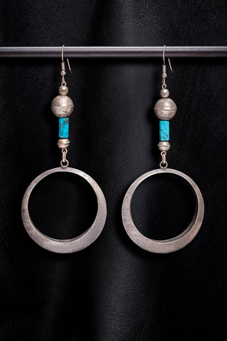 TURQUOISE AND VINTAGE STERLING SILVER HOOP EARRINGS