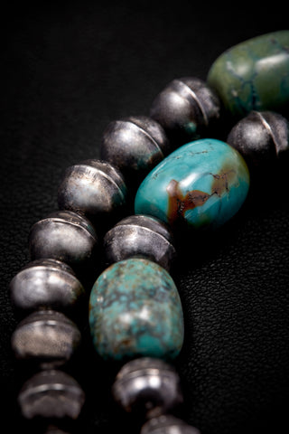 BLUE-GREEN TURQUOISE AND OXIDIZED STERLING SILVER FEATHER NECKLACE