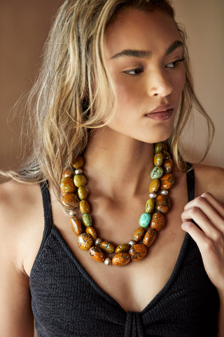 ELECTRIC TURQUOISE-BROWN AND OLIVE NECKLACE