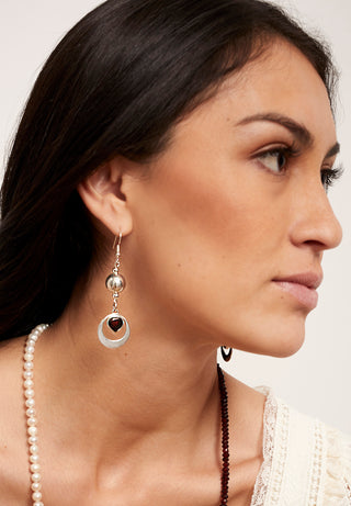 MODERN SILVER AND RED GARNET HOOP EARRINGS